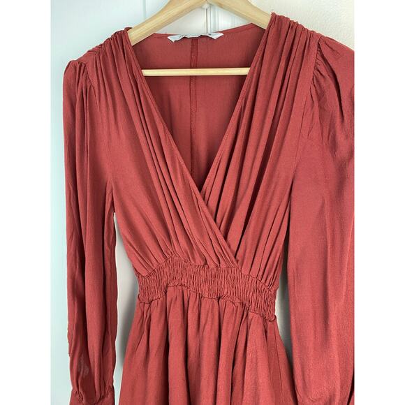Zara Women S Burgundy Deep V-Neck Tiered Elastic Waist Mini Dress - Picture 1 of 6
